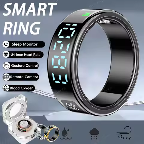 SR08 Smart Ring with Charging Box for Men Women LED Display Screen Gesture Control Health Monitor 5A