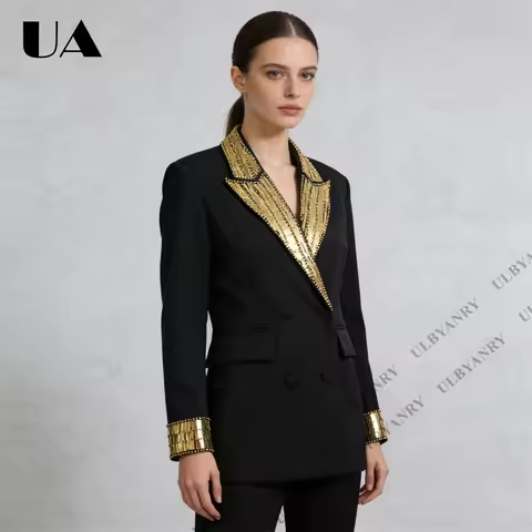 Women's Black Sequin-Embellished Double-Breasted Blazer with Gold Accents for Masquerade Ball Bold S