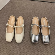 nobox Luxlane French Mary Jane Sandals for Women Elegant Square Toe Half Mule Doll Flats Sandals wit