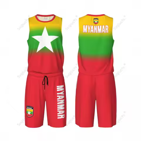 Men Myanmar Flag Basketball Jersey Set Mesh Shirt & Pants Sleeveless Exclusive Team-up Custom Name N