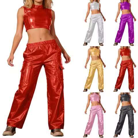 Y2K Holographic Women's Metallic Top Glitter Trousers Club Set Tracksuit Jogging Suit 80s 90s Fancy