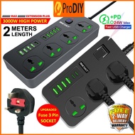 2M Power Socket Extension Plug Quick Charge PD Charger 3000W Power Adapter Universal Surge Protector 3 Pin Plug with USB