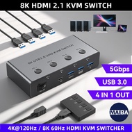 8K 60Hz 4K 120Hz HDMI KVM Switch 4x1 For 4 PC Share 1 Monitor Keyboard Mouse Hard Drives Printer