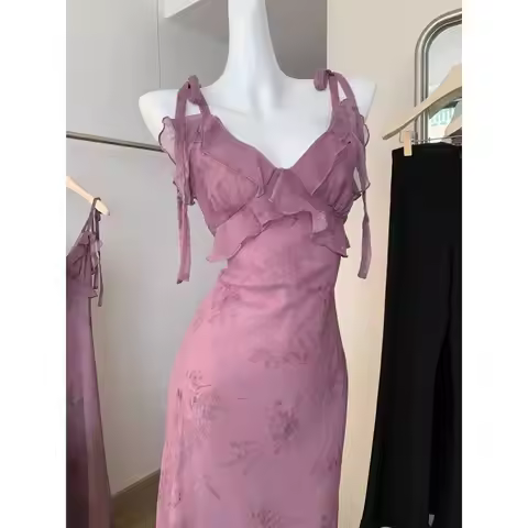 Elegant Goddess Vacation Style Long Dress Women's Summer French Tea Break New Design Slimming Purple