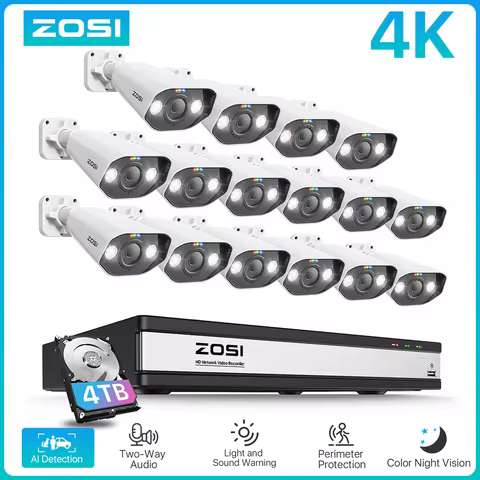 ZOSI 16CH 8MP 5MP PoE Security Camera System 4K 16CH NVR Outdoor IP Cameras AI Person Vehicle Detect