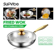 SUPVIBE 316 Stainless Steel Frying Pan With Cover Uncoated Wok Gas Induction Cooker Universal Stainl