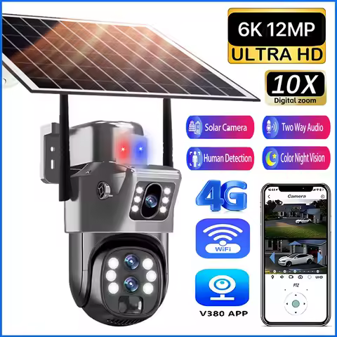 10X Optical Zoom 4G SIM Solar Camera 6K 12MP Three Lens WiFi Outdoor Surveillance Camera PIR Auto Tr