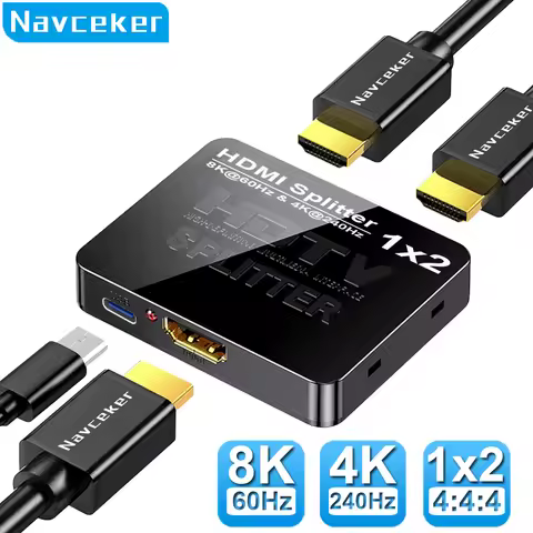 Navceker 1 in 2 Out 8K HDMI Splitter 4K 240Hz Audio Splitter HDMI 2.1 Cable Adapter 1x2 For PS5 Lapt