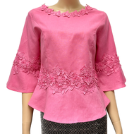 เสื้อลินินผู้ใหญ่คอปาด แต่งลูกไม้ ไม่ร้อน อก 38" 40" 42" 44" 46" 48" 50" อินกะออย In Ka Oil สีฟ้า/ส้