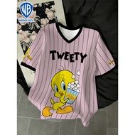 Warner Bros Looney Tunes Tweety Bird Popcorn Striped V-Neck Short-Sleeved T-Shirt Ladies Summer Casu