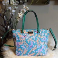 Kate Spade Classic Medium Dawn Satchel Two Zip and Tab Closure Nylon Bag - Blue Green Floral &amp; Birds Print Women's Tote Bag with Sling