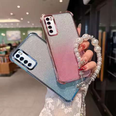 Gradient Glitter Shockproof TPU Phone Case with Luxury Pearl Chain Wrist Strap For Huawei Nova 7 SE 