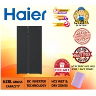 Haier 628L Side By Side Glass Refrigerator Fridge Peti Sejuk with DC Inverter Technology HRF-619SI(B)