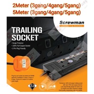 WSS Screwman 13A Heavy Duty Trailing Socket Extension Socket 2 Meter/5 Meter 1.25mm 3C Flexible Cable Power Max 3000Watt