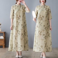 Retro Anti-Aging Elegant Ramie Print Frog Button Dress Women's Summer Plus Size Ladies Loose Long Dress Chinese Improved Cheongsam Dress