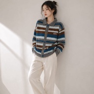 WHISPER Cardigan Premium Horizontal Stripe Blue Basic Korean Style Button Classic Crewneck Top Long 