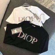 NEW_DIOR Summer New DR Color Letter Cherry Blossom Cotton T-shirt Trendy Brand Men And Women Loose Simple Couple Short-s
