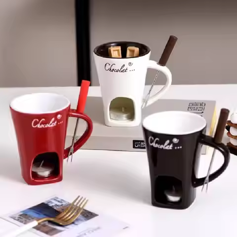 European Candle Cup Cheese Chocolate Melting Ceramic Mug Heating Food Ceramic Mug with Fork Creative