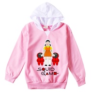 Squid Game Girls Boys Hoodies Spring Autumn Cotton Color Blocking Hooded Sweater Cartoon Print Pullover 8756 Children Clothes