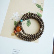4mm 天然原生綠奇楠沈香珠/沉香 猛獁珠綠松石蜜蠟設計多圈手串