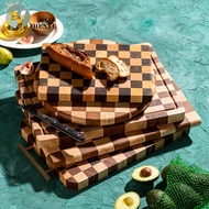 Checkerboard Pattern Ebony Solid Wood Cutting Board, Whole Wood Chopping Board, Rubber Wood Cutting 