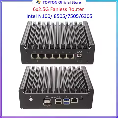 Topton Fanless Firewall Mini PC Intel N100 Pentium Gold 8505 7505 6305 6x2.5G LAN DDR4 NVMe/SATA Pro