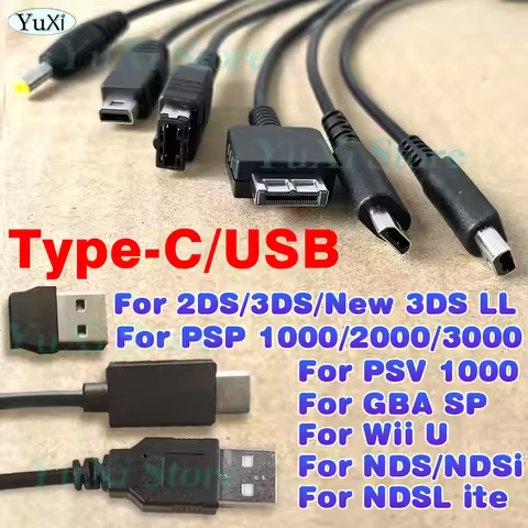 5 in 1 USB Type-C Charging Cable for PSP 1000 2000 3000/PS Vita PSV1000/Wii U/NEW 3DS XL LL/2DS/NDS 
