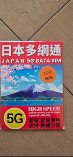 日本5G數據SIM卡 15天無限