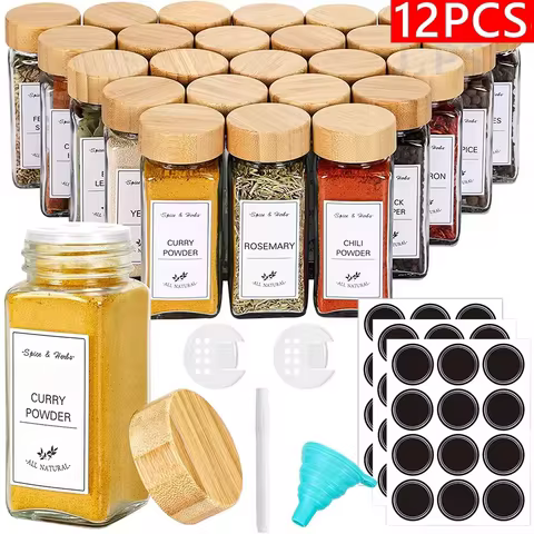 5/12Pcs Glass Spice Jars with Bamboo Lid Spice Seasoning Containers Salt Pepper Shakers Spice Organi