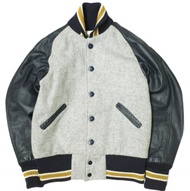 二手 SKOOKUM 獎牌夾克，美國製造，皮質袖子，30 碼，灰/藏青色。體育場夾克，法老外套，外套。