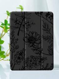 漂亮的黑色花卉紋理矽膠平板電腦保護殼,帶筆座,防震設計,支援睡眠/喚醒功能,適用於華為、小米、聯想、三星和ipad