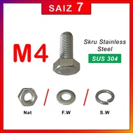 STAINLESS STEEL (M4) BOLT AND NUT/SCREW AND NUT/SKRU/BOLT/NUT STAINLESS STEEL