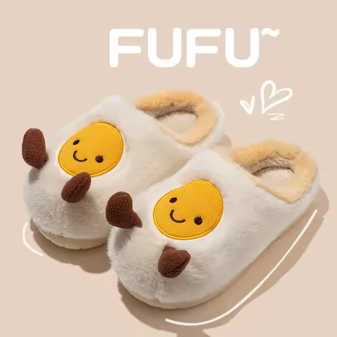 Cute Fried Egg Plush Slippers,Warm Fleece-Lined Thick Bottom Anti Slip Women Cotton Slippers,Winter 