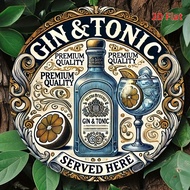 2D Flat, 1 Piece of Vintage Gin and Tonic Sign - Gin and Tonic Serviced on This Metal Plaque - Wall 