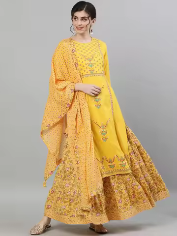 Indian Saree New Style Women's Indian Sari Suit Cotton Silk Round Neck Long Print Daily Casual Yello