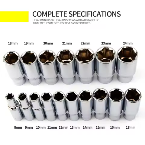 1Pcs 3/8”Drive 6-Point Deep socket head 10mm Hole Hex Extension Sleeve Head 8/9/10/11/12/13/14/15/16