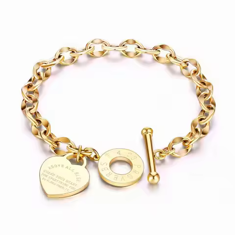 1pc Titanium Steel Bracelet With Heart Pendant, Double Heart OT Buckle Couple Bracelet Unisex