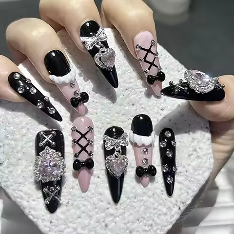 Y2K Menhera Handmade Press On Nails Lolita Sweetheart Skirt Black Pink Fake Nails Cool Spice Cute Bo