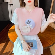 Summer women's loose cotton lace short sleeved T-shirt Korean white three-dimensional butterfly half sleeved top CQ YTH6