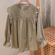 Korean Style Women Ladies Loose Round Neck Ruffle Pleated Long Sleeve Shirt Blouse Baju Baju Wanita 