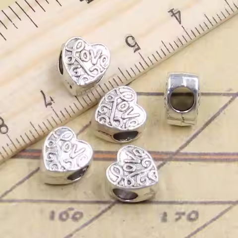 10pcs Beads Heart With Love 4.5mm Big Hole Vintage Charms European Pendant Fit For Bracelet DIY Anti