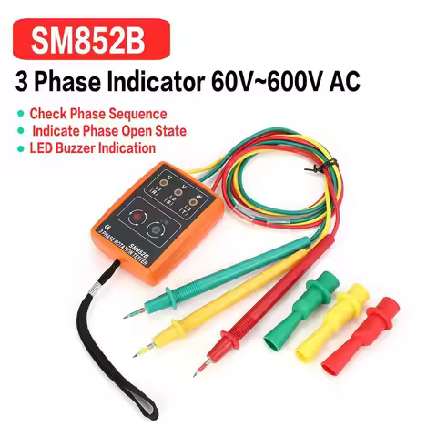 SM852B 3 Phase Rotation Tester Digital Phase Indicator Detector LED Buzzer Phase Sequence Meter Volt