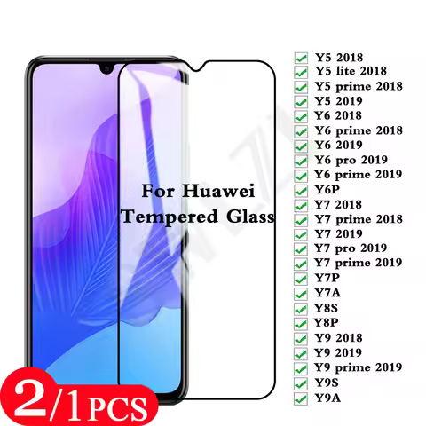 2-1Pcs 9H full cover tempered glass for Huawei Y6 2019 Y6P Y7 pro Y7P Y7A Y8P Y8S Y9 prime Y9S Y9A p