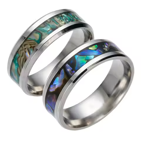8mm Rings for Women Abalone Shell Stainless Steel Rings Engagement Ring Rainbow Rippled Abalone Inla