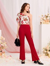 SHEIN Chicas adolescentes con estampado floral de un hombro Top &amp; Pantalones acampanados