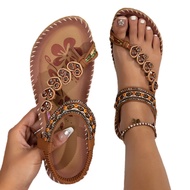 Flat Rhinestone Sandals Breathable Cutout Sandals Bohemian Flat Sandals with Rhinestone Beads for Su