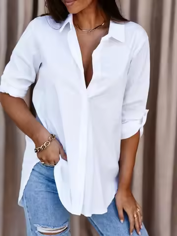Women's Spring/summer Long Sleeved Plus size 1XL-8XL V-neck Button Up Shirt Solid Color Top Fashion 