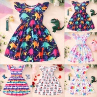 2025 New Dress for Girl Kids Children Clothing Dinosaur Butterfly Printed Color Splicing O-Neck Prin