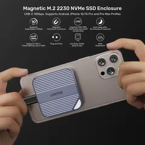 Unitek Magnetic M.2 2230 NVMe SSD Enclosure 10Gbps USB-C 100W PD MagSafe for iPhone 15 16 17 Pro Pro