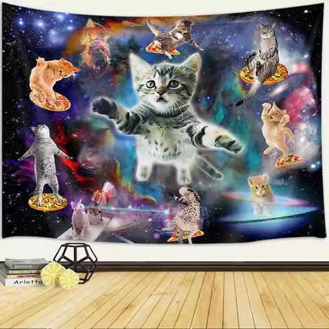 Cats Tapestry, Cool Funny Kittens Starry Sky Nebula Galaxy Milky Way Space Psychedelic Hippie Wall H